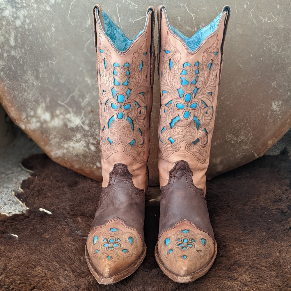 CORRAL C1620 laser tooled tan & turquoise snip toe cowgirl western boots sz 9.5 - Picture 8 of 16